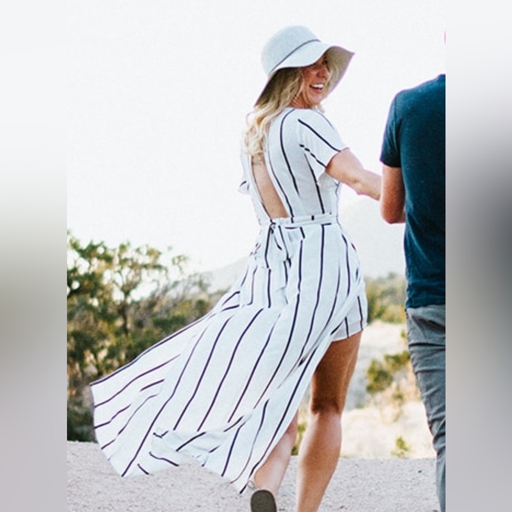 Striped White and Black V-Neck Women’s romper dress
